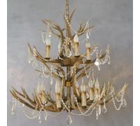 Large Brown Antler Chandelier with Crystal Beads Rustic 12 Lights Deer Horn Pendant Light Candle Style Shabby Chic Farmhouse Brown Chandeliers Vintage Faux Antler Hanging Ceiling L