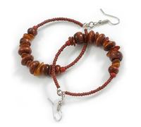 Large Brown Glass/Shell/Wood Bead Hoop Earrings In Silver Tone/ 75mm Long