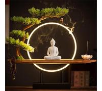 Large Buddhist Statue With Artificial Tree And Led Circle Table, Buddha Figure Lamp Wall Light 3d Mural Sconce Lamp Zen Light Wall Decor Hanging Artwork Wall Art For Living 04