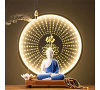 Large Buddhist Statue with Artificial Tree And LED Circle Table, Buddha Figure Lamp Wall Light 3D Mural Sconce Lamp Zen Light Wall Decor Hanging Artwork Wall Art for Living Room Incense Porch,05