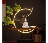 Large Buddhist Statue With Artificial Tree And Led Circle Table, Buddha Figure Lamp Wall Light 3d Mural Sconce Lamp Zen Light Wall Decor Hanging Artwork Wall Art For Living 04