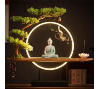 Large Buddhist Statue with Artificial Tree and LED Circle Table, Buddha Figure Lamp Wall Light 3D Mural Sconce Lamp Zen Light Wall Decor Hanging Artwork Wall Art for Living Room Incense Porch,04