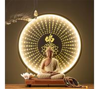 Large Buddhist Statue with Incense Burner And LED Circle Table, Buddha Figure Lamp Wall Light 3D Mural Sconce Lamp Zen Light Wall Decor Hanging Artwork Wall Art for Living Room Incense Porch,08