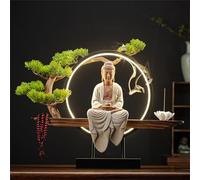 Large Buddhist Statue with Incense Burner And LED Circle Table, Buddha Figure Lamp Wall Light 3D Mural Sconce Lamp Zen Light Wall Decor Hanging Artwork Wall Art for Living Room Incense Porch