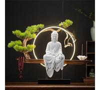 Large Buddhist Statue with Incense Burner And LED Circle Table, Buddha Figure Lamp Wall Light 3D Mural Sconce Lamp Zen Light Wall Decor Hanging Artwork Wall Art for Living Room Incense Porch