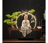 Large Buddhist Statue with Incense Burner And LED Circle Table, Buddha Figure Lamp Wall Light 3D Mural Sconce Lamp Zen Light Wall Decor Hanging Artwork Wall Art for Living Room Incense Porch