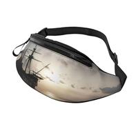 Large Bum Bag Ship in The Lake Sunset Waist Fanny Pack for Men Women,Bumbags with Headphone Jack and Zip Pockets Adjustable Belt for Sport Running Hiking Camping Workout Cycling