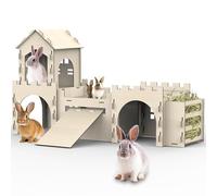 Large Bunny House and Hideouts, Wooden Dual-Layer Rabbit Castle with 4 House Indoor, Sturdy Habitat for Guinea Pig Chinchilla Ferret (Extra Large-4 House with Hay Feeder)
