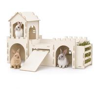 Large Bunny House and Hideouts, Wooden Dual-Layer Rabbit Castle with Stair, Rubber Band-Free Setup - chew-Proof, Sturdy Habitat for Guinea Pig Chinchilla Ferret (Rabbit House with Hay Feeder)
