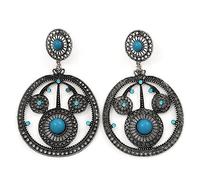 Large Burn Silver Hoop Earrings With Blue Acrylic Stone - 9cm Drop/6cm Diameter