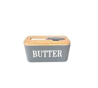 Large Butter Dish,Ceramic Butter Dish with lid and knife, Butter Keeper Double Silicone Seals, Perfect for 2 Sticks of Butter,Gray