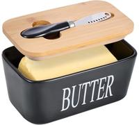 Large Butter Dish,Ceramic Butter Dish with lid and Knife,Quality Silicone Sealing Butter Dishes is Good for Kitchen Baking and Gift,Black