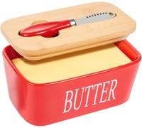Large Butter Dish,Ceramic Butter Dish with lid and Knife,Quality Silicone Sealing Butter Dishes is Good for Kitchen Baking and Gift,Red