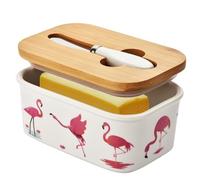 Large Butter Dish with Lid for Countertop,Cute Flamingos Ceramic Covered Butter Holder with Knife for Fridge, Airtight Butter Keeper Container Storage for East West Coast Butter,White