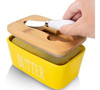Large Butter Dish with Lid, Porcelain Butter Container with Knife Holds 2 Sticks of Butter with Double Silicone Seals design, Ceramic Butter Dish with Covers Perfect for East West Coast Butter,Yellow