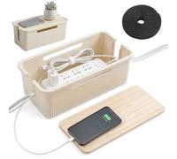 Large Cable Management Box - Cable Tidy Box with Bamboo Lid Cables Organised Box Cable Ties Reusable Straps, Extra Large and Medium Size, Cord Hider Box to Conceal Power Strips on Desk or Floor