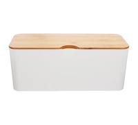 Large Cable Management Box with Bamboo Lid for Desk Organization | Hips Body, White Finish, Hides Charging Leads and USB Cords, Office or TV Entertainment Centre Use