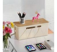 Large Cable Management Box Wooden Style Cord Organizer and Cover for TV Wires, Computer, Router, USB Hub and Under Desk Power Strip - Safe ABS Material and Baby-Pets Proof Lock (White)