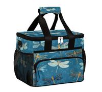 Large Camping Cooler bag for Picnic, Blue & Gold Dragonfly Pattern Collapsible Portable Travel Lunch Bag & Lunch Box for Men Women, 20L