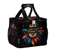 Large Camping Cooler bag for Picnic, Compass Colorful Native American Feather Collapsible Portable Travel Lunch Bag & Lunch Box for Men Women, 20L