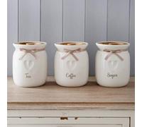 Large Canisters/Jars Set Tea Coffee Sugar Ceramic Canisters Engraved Heart Kitchen Storage Jars Set Set of 3 with Wooden lid and Ribbon Kitchen Organisation Ideal for Gift to Love One's