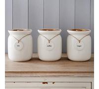 Large Canisters/Jars Set Tea Coffee Sugar Ceramic Canisters Rope Labels Kitchen Storage Jars Set Set of 3 with Wooden lid and Rope Labels Kitchen Organisation Ideal for Gift to Love One's