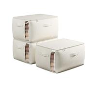 Large Canvas Clothes Storage Bags with Thick Handles and Clear Window, Foldable Cotton Linen Closet Organizer for Clothing, Blankets and Bedding, 3 Pack, Beige
