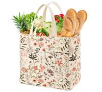 Large Canvas Grocery Tote Bag, Reusable Bag for Groceries,37x36x26cm | Canvas Build, Floral Print, 6 Inner Pockets and 2 Handle Straps, for Shopping and Daily Carry, Gym Travel Work