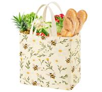 Large Canvas Grocery Tote Bag, Reusable Bag for Groceries,37x36x26cm | Canvas Build, Floral Print, 6 Inner Pockets and 2 Handle Straps, for Shopping and Daily Carry, Gym Travel Work