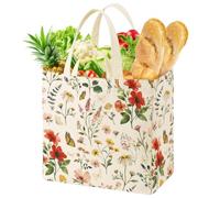 Large Canvas Grocery Tote Bag, Reusable Bag for Groceries,37x36x26cm | Canvas Build, Floral Print, 6 Inner Pockets and 2 Handle Straps, for Shopping and Daily Carry, Gym Travel Work