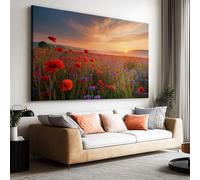 Large Canvas Print - Modern Wall Art Decor - HD Quality Picture - Sunset Poppy Flower Field Landscape for Living Room Bathroom Kitchen Bedroom Office Home Decor 55 x 28 Inch (140 x 70 cm) Frameless