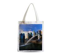 Large Canvas Tote Shopping Bag Singapore Bay City Night Sky Scrapers Merlion Decoration