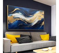 Large Canvas Wall Art for Living Room Framed Picture Gold and Blue Painting for Bedroom Modern Wall Decor for Office Kitchen 60x120cm/24x47inch With Gold Frame Ready to Hang