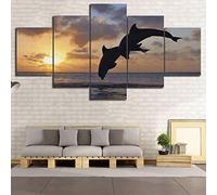 Large Canvas Wall Art Pictures For Living Room Watercolor 5 Piece Painting Dolphin Ocean Sunset Print Panel Poster Children'S Bedroom Kids Home Decor, 100×55 Cm -2K0Q-R6W
