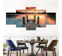 Large Canvas Wall Art Pictures For Living Room Watercolor 5 Piece Painting Wooden Bridge Sunset Scenery Print Panel Poster Children'S Bedroom Kids Home Decor, Xxl/With Frame 200 X 100 Cm