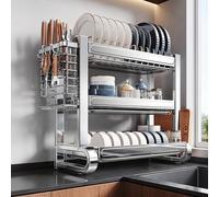 Large Capacity 2/3-Tier Stainless Steel Dish Drying Rack with Removable Cutlery Basket Space-Saving Home Dish Storage Rack Perfect for Countertop Storage(Silver,55 * 26.5 * 51cm/21.9 * 10.4 * 20.1in)