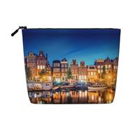 Large Capacity Amsterdam Night View Printed Single-Layer Faux Linen Cosmetic Bag Personal Care Organizer Suitable for Various Occasions