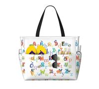 Large Capacity Beach Bag Waterproof Pool Tote for Gym Swimming Camping Carry On Bag Colourful Animal Alphabet Print