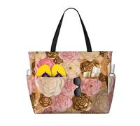 Large Capacity Beach Travel Bag, Waterproof Beach Bags For Women/Pink White Gold Flowers/Foldable Beach Tote Bag With 7 Pockets And Zip, For Travel Gym Pool Holiday Shopping Work