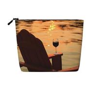 Large Capacity Chair and Wine at Sunset Lake Printed Single-Layer Faux Linen Cosmetic Bag Personal Care Organizer Suitable for Various Occasions