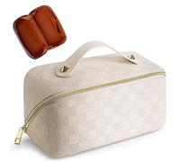 Large Capacity Checkered Portable Leather Waterproof Cosmetic Bag with Handle and Divider for Women, 01-White, Fashionable