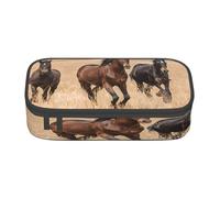 Large Capacity Compartment Pencil Case Organizer for School, Office & Travel, Three running horses pen bag for student, Oxford Fabric Zippered Stationery Bag, Multi-Use Toiletry & Makeup Pouch