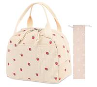 Large Capacity Corduroy Insulated Lunch Bag- Thermal Tote for Work School Picnic, Includes one cutlery storage pouch, Leak Proof Cooler Bag with Handle, Cute Floral Print Lunch Box for Adults Kids