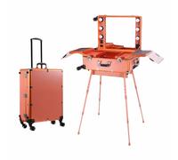 Large Capacity Cosmetic Suitcase, Acrylic HD Mirror + Hidden Stand and Wheels, LED Light, Portable Foldable Travel Case for Makeup Artists and Beauticians,Gold