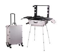 Large Capacity Cosmetic Suitcase, Acrylic HD Mirror + Hidden Stand and Wheels, LED Light, Portable Foldable Travel Case for Makeup Artists and Beauticians,Silver