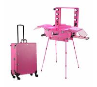 Large Capacity Cosmetic Suitcase, Acrylic HD Mirror + Hidden Stand and Wheels, LED Light, Portable Foldable Travel Case for Makeup Artists and Beauticians,Rose