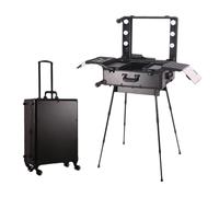 Large Capacity Cosmetic Suitcase, Acrylic HD Mirror + Hidden Stand and Wheels, LED Light, Portable Foldable Travel Case for Makeup Artists and Beauticians,Schwarz