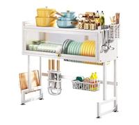 Large Capacity Dish Drainer Rack - Over The Sink Drying Organiser with Cover | Carbon Steel Construction for Plates & Utensils | Space-Efficient White Kitchen Countertop Solution