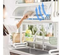 Large Capacity Double-Layer Space-Saving Kitchen Sink Rack, Multifunctional Retractable Storage Rack, Adjustable Flip Dustproof Dish Drainer