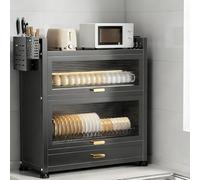 Large-Capacity Dust-Proof Dish Storage Cabinet with Detachable Water Tray, Multi-Functional Space-Saving Kitchen Organizer with Flip-Up Door and Drawers (Black, 57cm/22.4in)